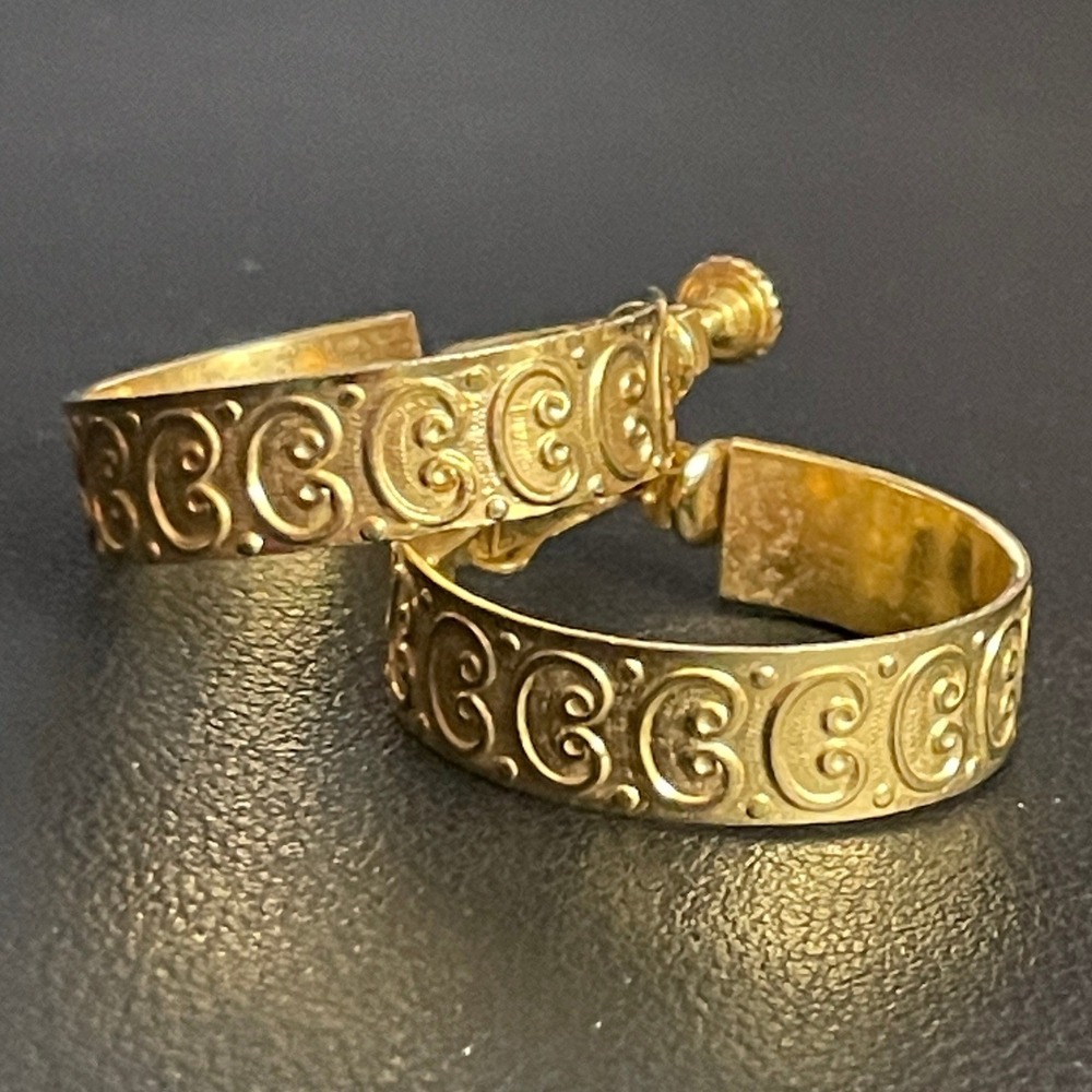 Vintage Hoop Earrings Screw Back Non Pierced Gold Tone Scroll Embossed Wide